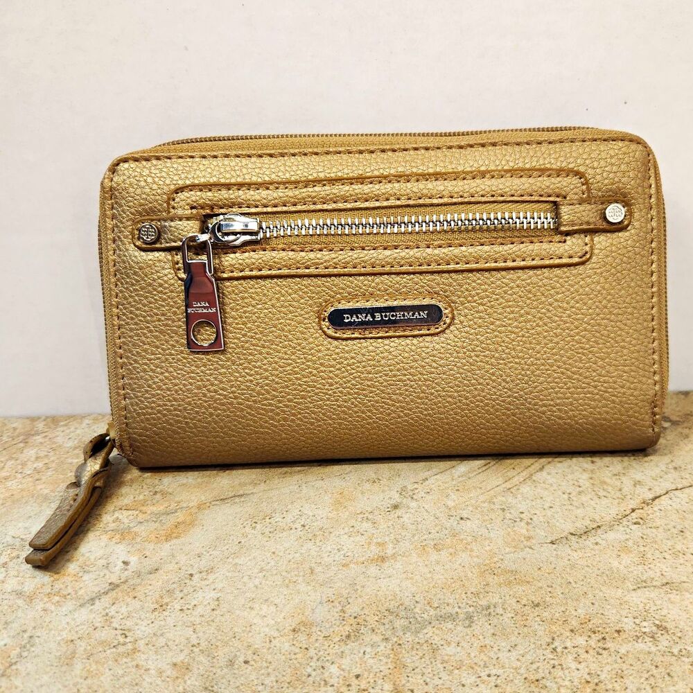 Dana Buchman Zip Clutch Wallet Pebbled Metallic Gold Zebra Interior